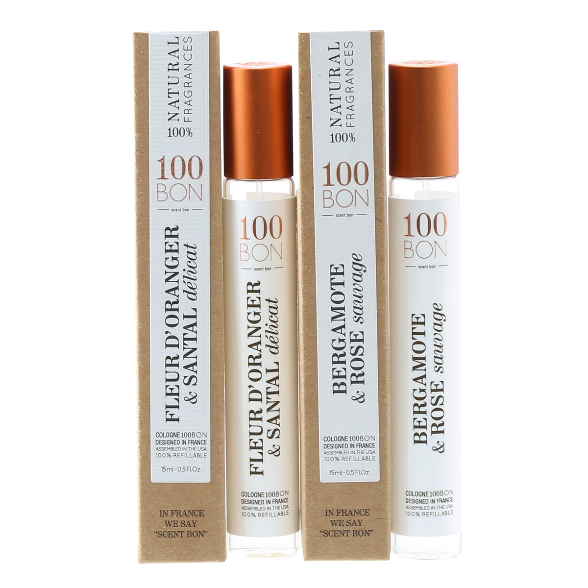 100Bon Bergamote & Rose Savage .5 oz, Fleur D'Oranger & Santal .5 oz Pen Spray Duo
